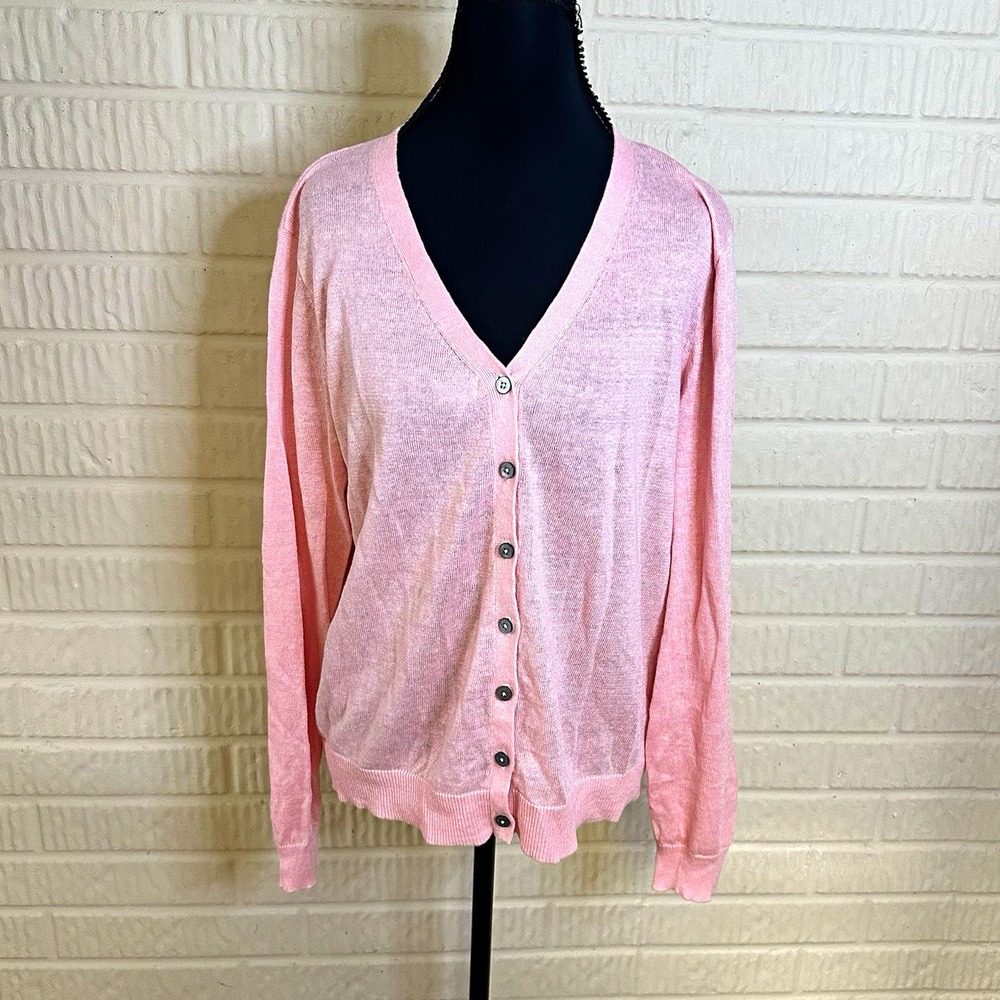 Garnet Hill Cardigan Sweater Womens Sz L Pink Linen Coastal Delicate Button Up